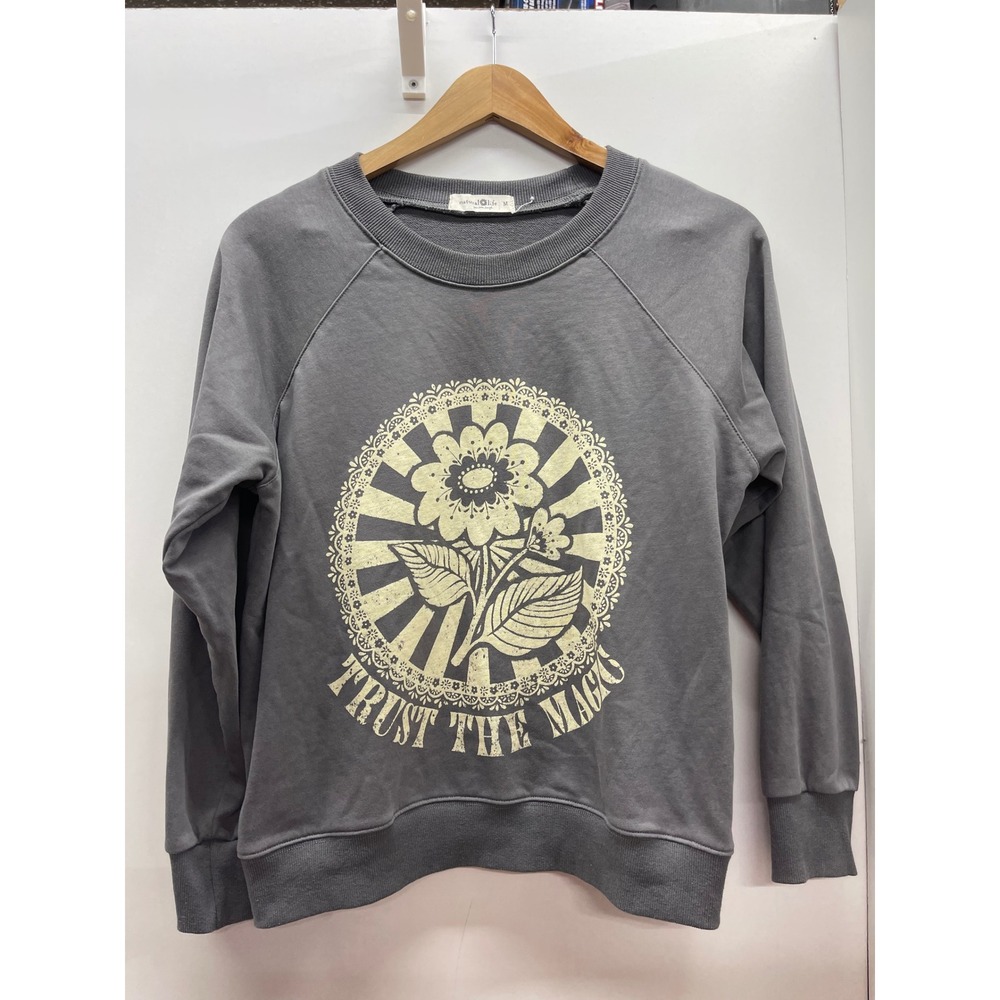 Natural Life Trust The Magic Graphic Sweatshirt Gray Boho Floral Pullover M